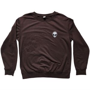 Brown Alien Head Sweatshirt Size L Minimalist Crew Neck Long Sleeve Casual Top